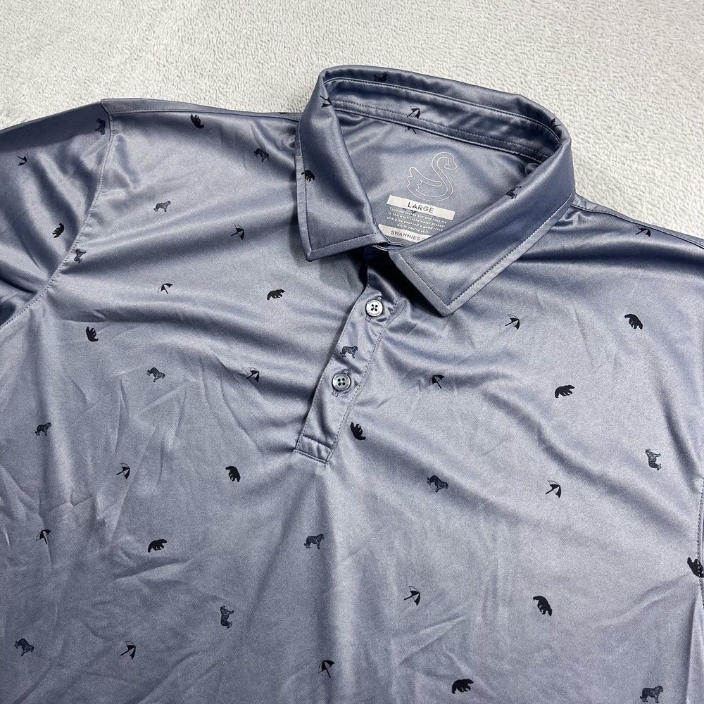 Swannies Golf Polo Shirt Mens Large Gray Tigers & Bears Pattern 100% Polyester‎